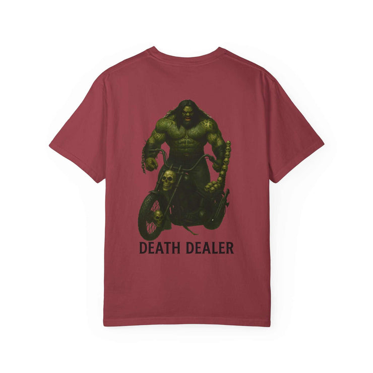 Unisex maroon garment-dyed Death Dealer t-shirt with skull chopper motorcycle graphic