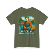 Unisex olive green tee with Michael Myers illustration fishing and text "The Calm Before the Kill"