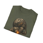 Folded Atlas Strength Unisex Softstyle T-Shirt in olive green with bold graphic of muscular figure holding cracked earth sphere