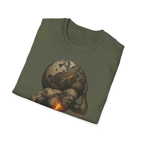 Folded Atlas Strength Unisex Softstyle T-Shirt in olive green with bold graphic of muscular figure holding cracked earth sphere