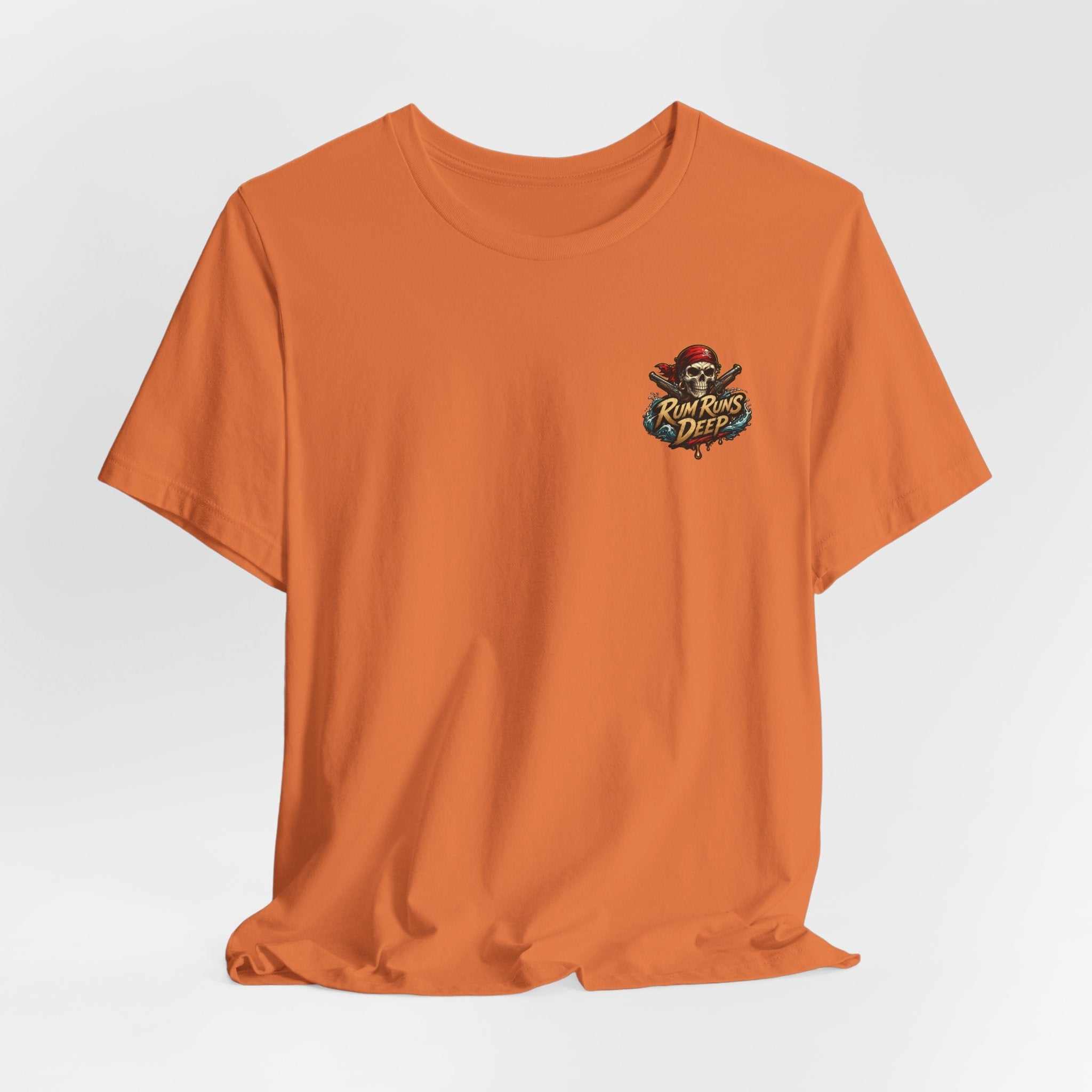 Rum Runs Deep Pirate Tee with nautical pirate design on lightweight cotton shirt