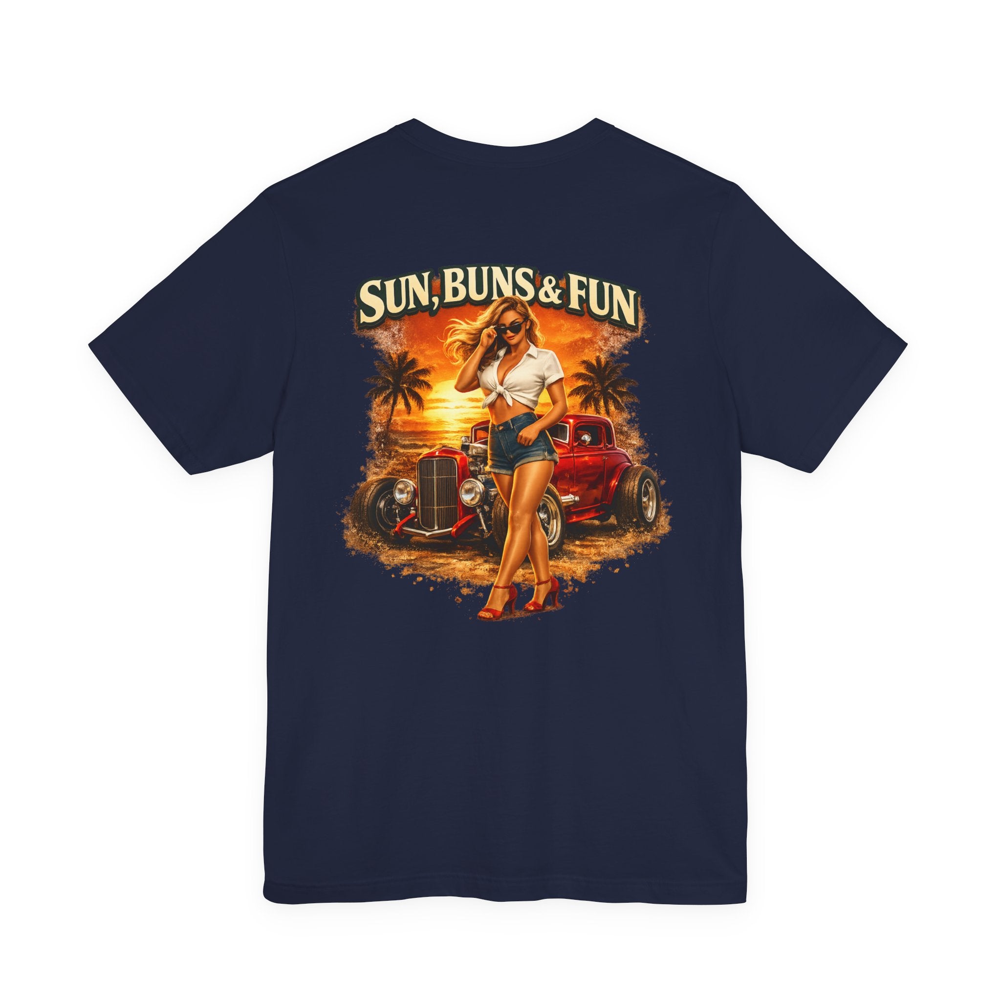 Sun, Buns & Fun Retro Pinup Tee – Vintage Hot Rod Beach T-Shirt