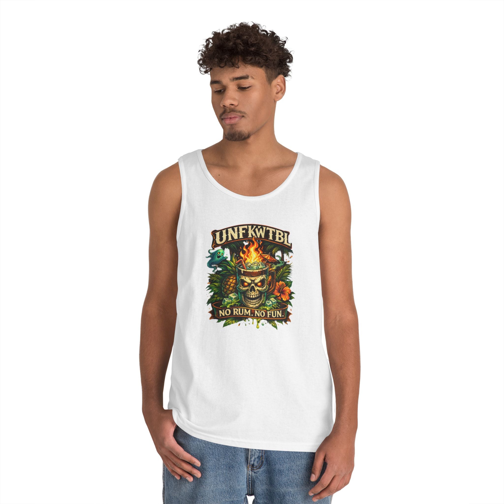 Tiki Skull Tank Top — “No Rum, No Fun” Tropical Beach Party Graphic Tank