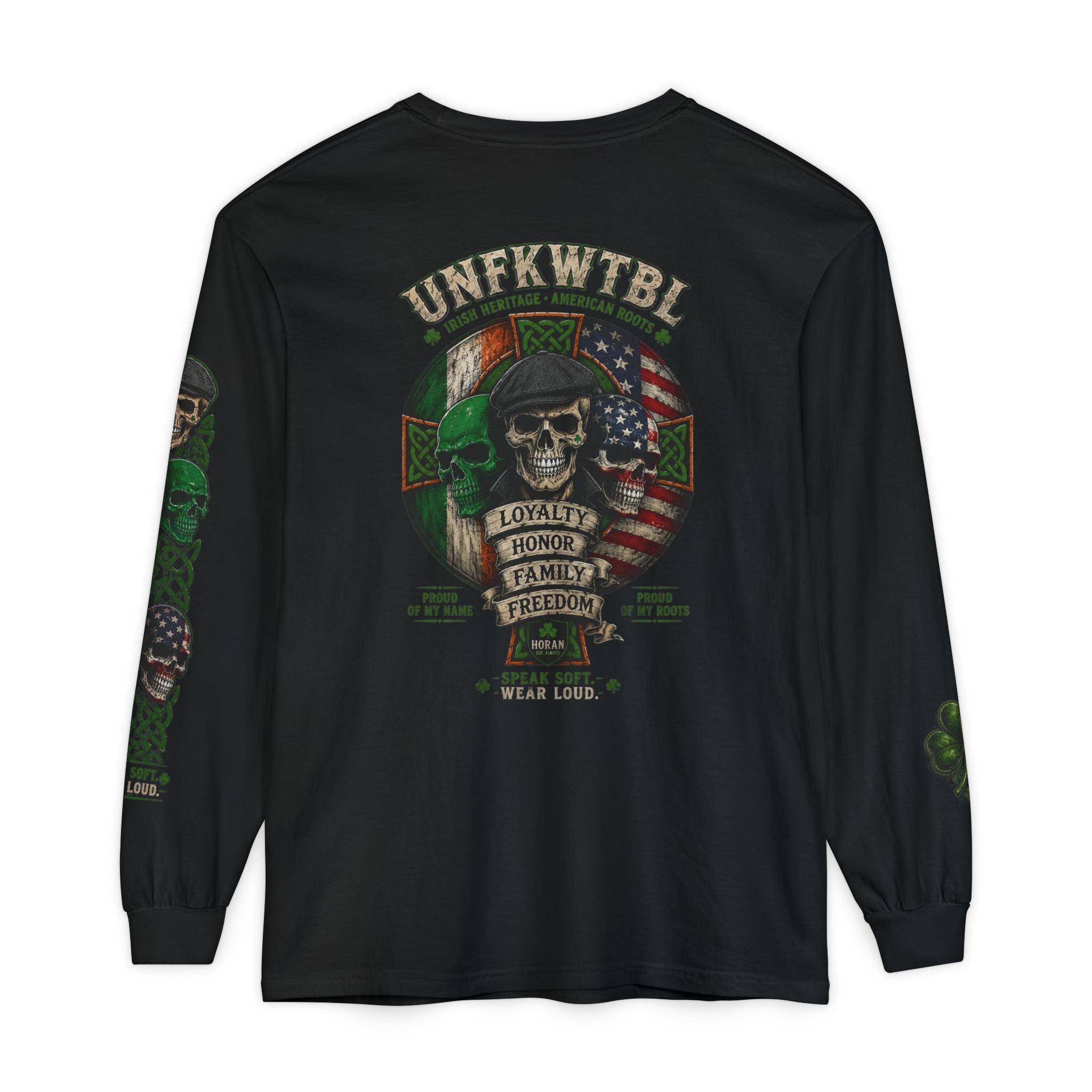 Skull & Flags Long Sleeve T-Shirt — Loyalty Honor Family Freedom