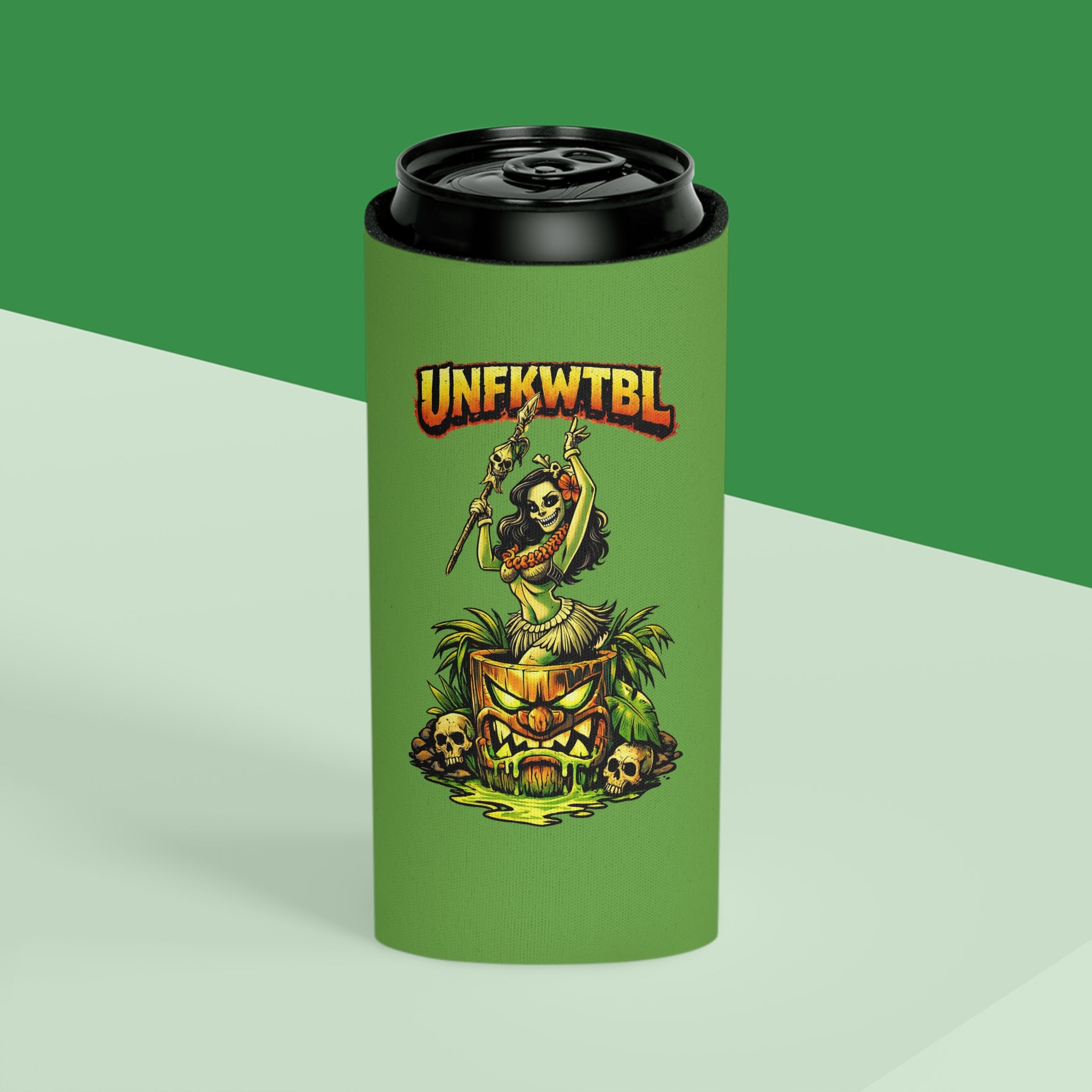 Can Cooler — "Stay Cold. Remain UNFKWTBL" Tropical Skull Beer Koozie