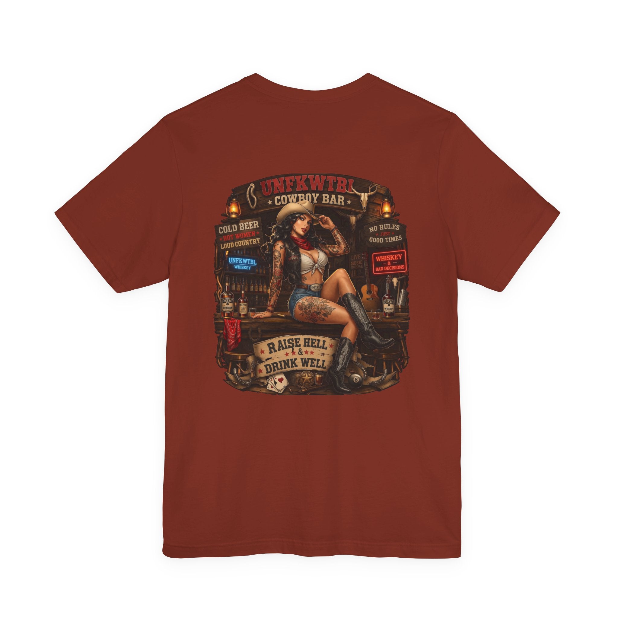 Biker Bar Graphic Tee — "Raise Hell, Drink Well" Vintage Pinup T-Shirt