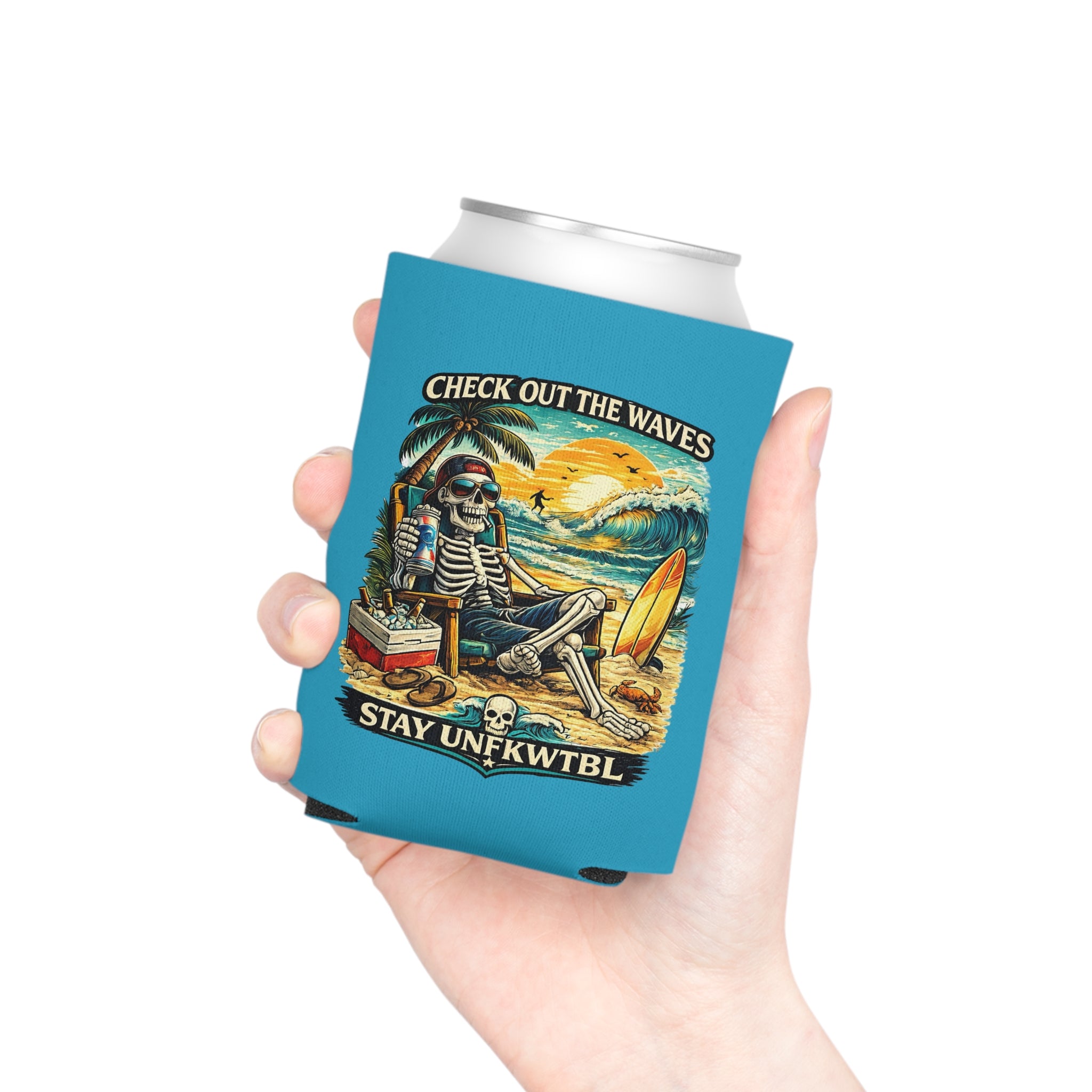 Can Cooler — 'Stay Cold / Check Out the Waves' Surf Skeleton Drink Koozie