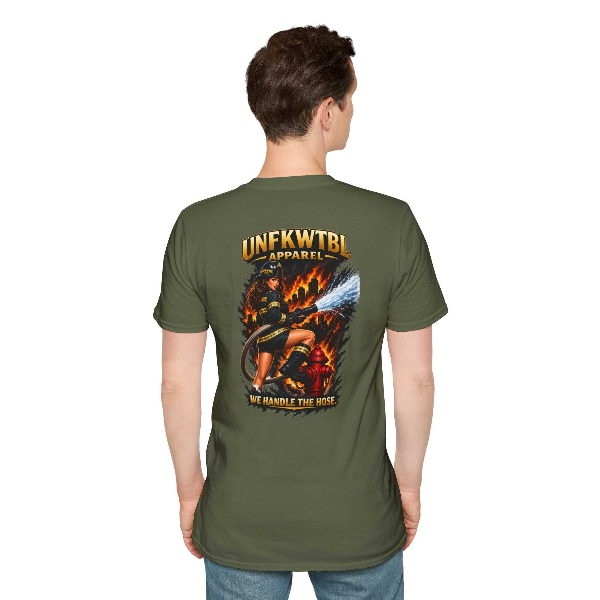 Firefighter T-shirt with "UNFKWTBL Apparel: We Handle The Hose" graphic and rescue scene design