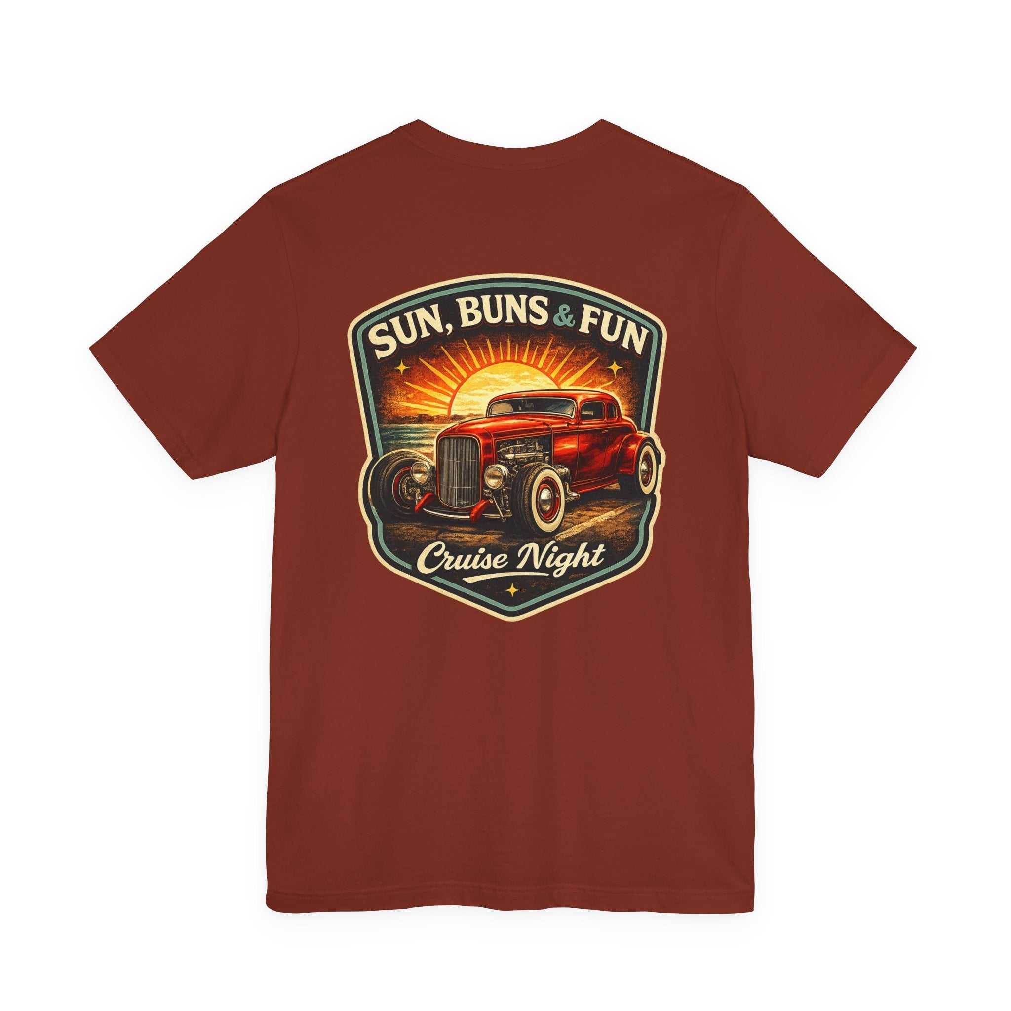 Cruise Night Hot Rod Tee — "Sun, Buns & Fun" Vintage Car T‑Shirt