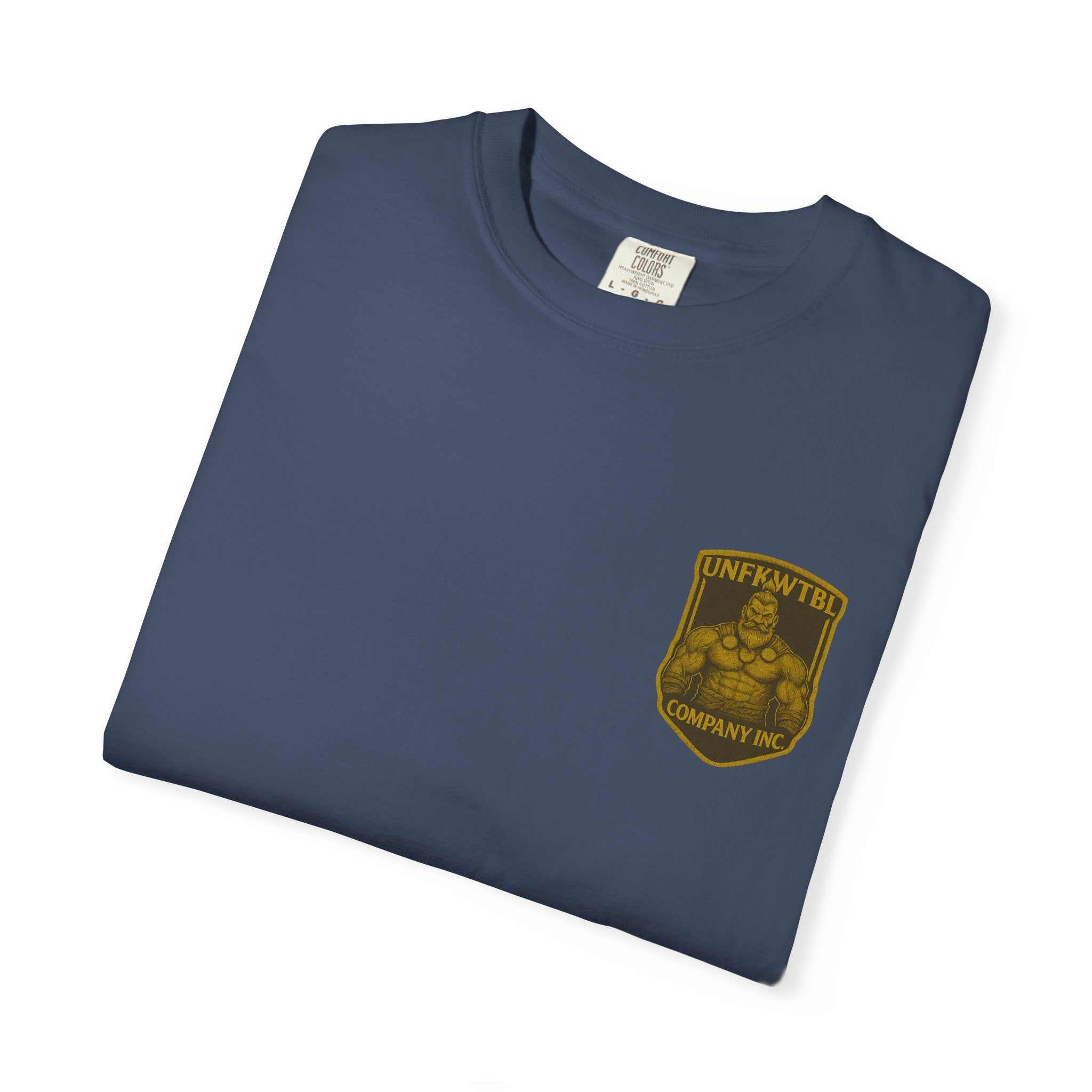 Folded navy blue Viking Warrior Unisex Tee with yellow graphic logo on chest, made from garment-dyed 100% cotton fabric.