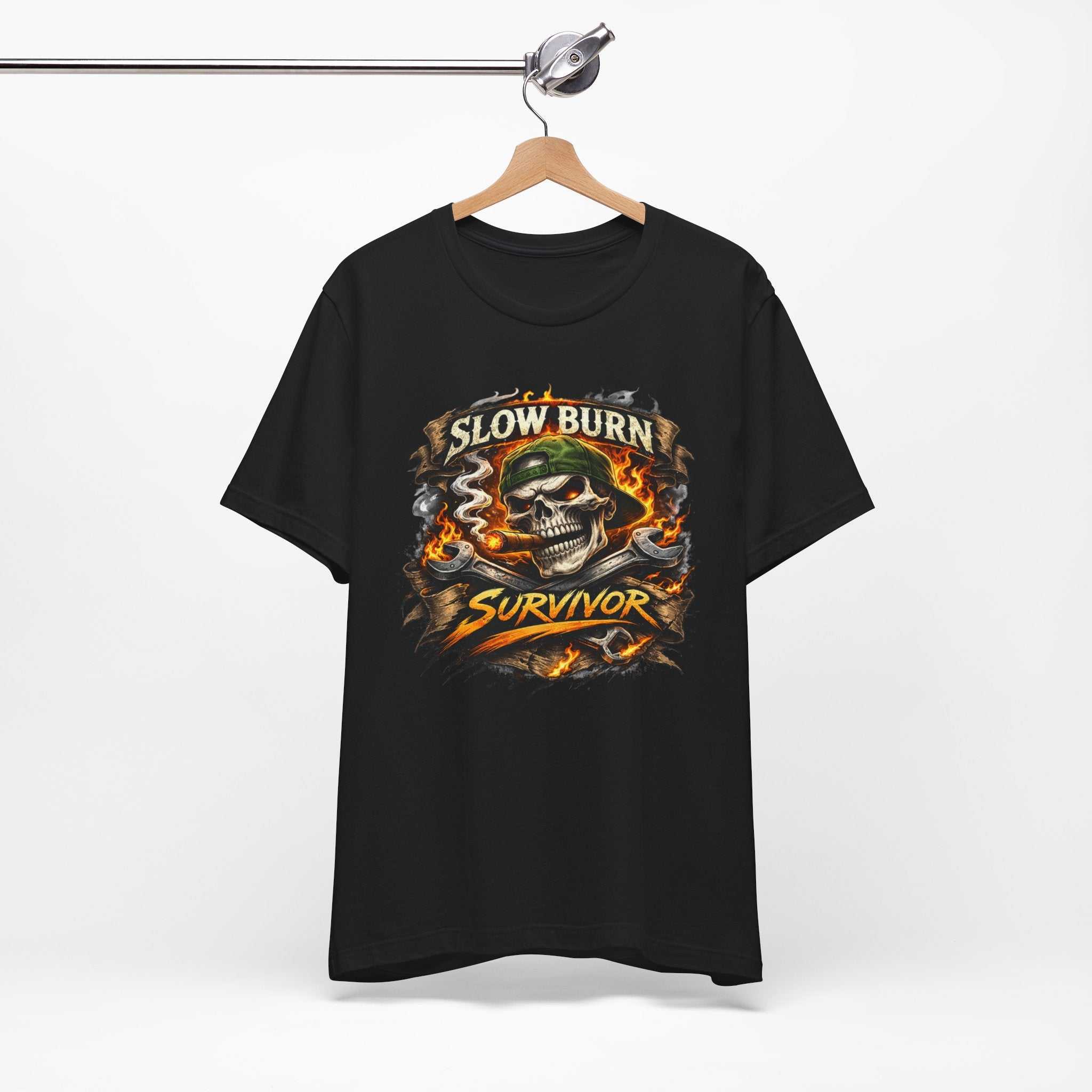 Slow Burn Survivor T‑Shirt — Skull Flame Vintage Motorcycle Tee