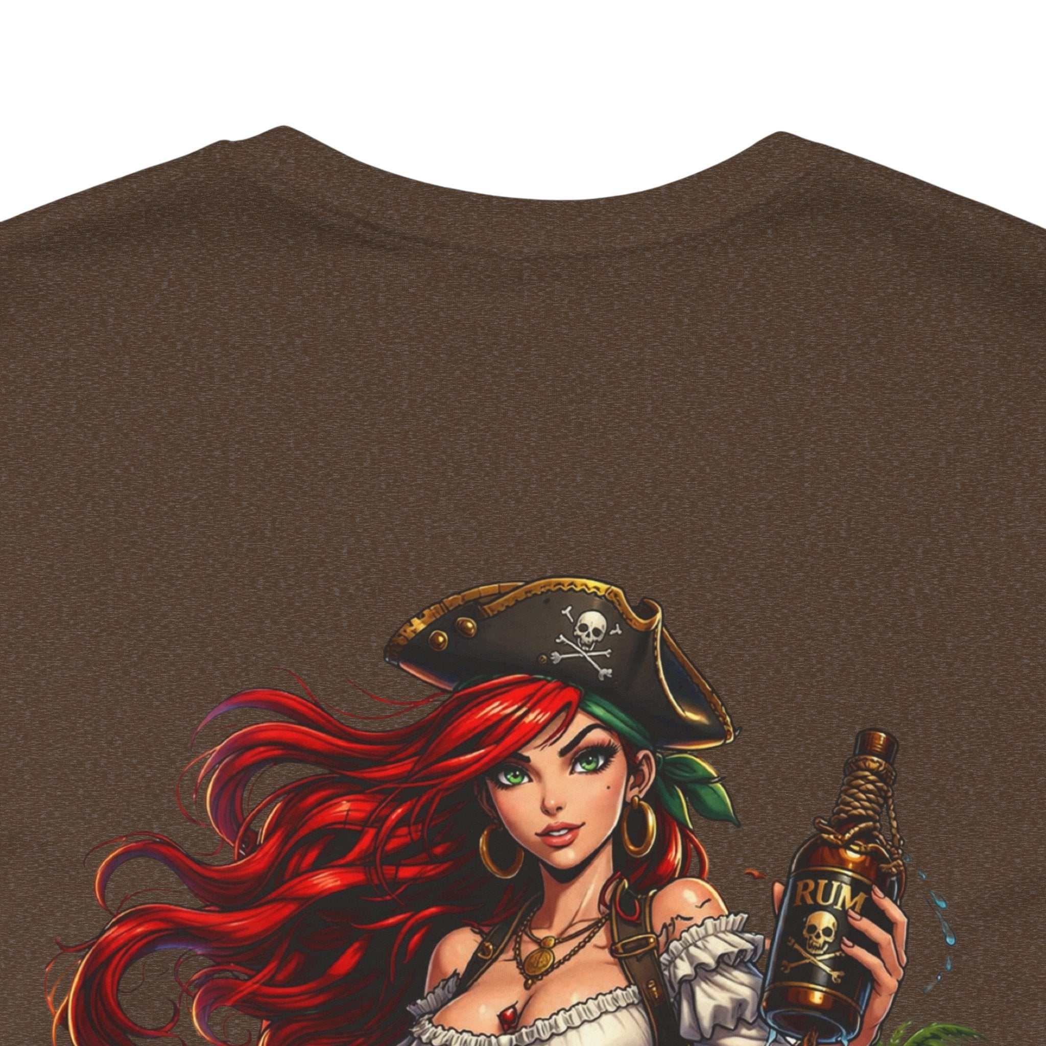 Rum Runs Deep Pirate Tee with vibrant nautical pirate design on lightweight cotton shirt