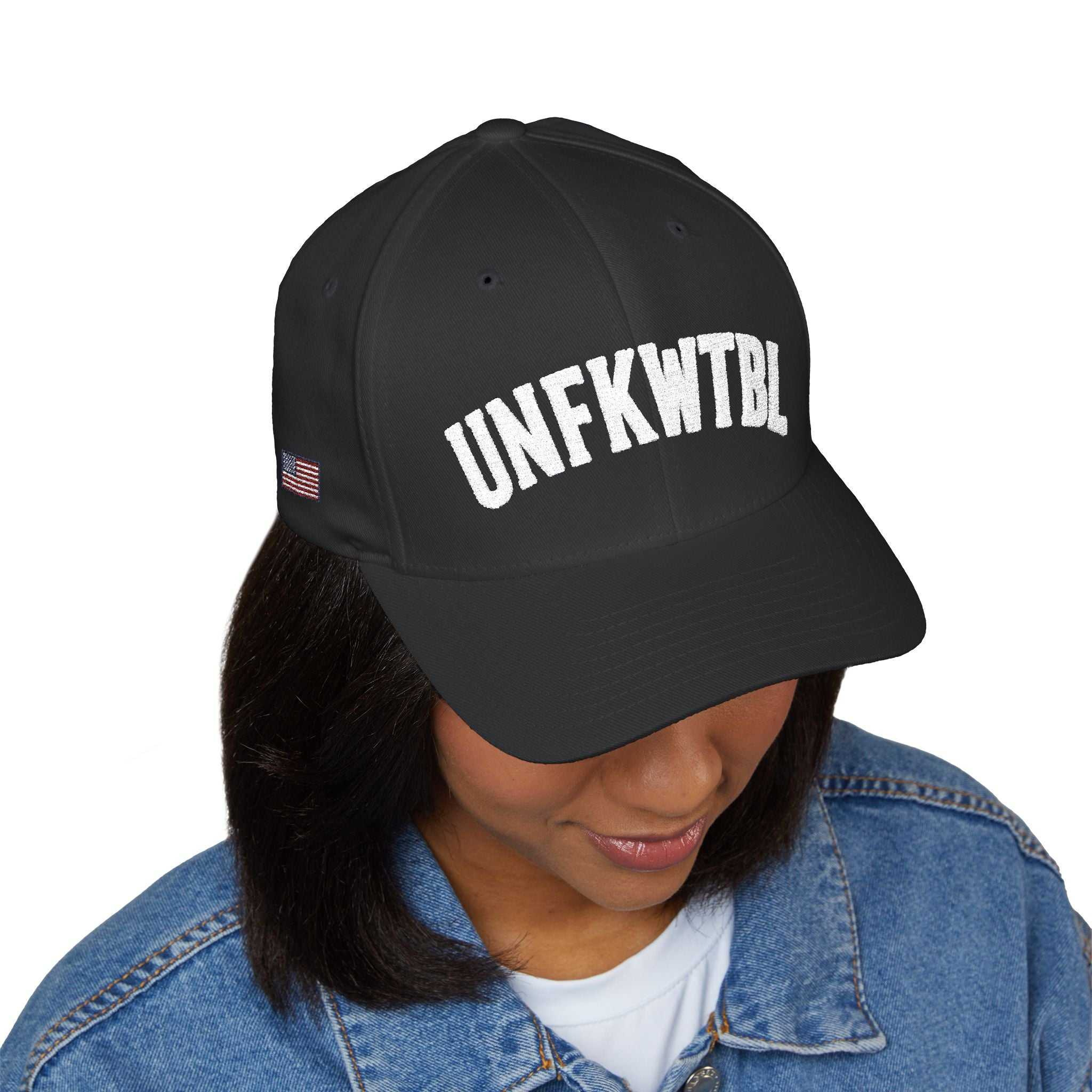 UNFKWTBL Embroidered Baseball Cap – Bold Patch Lettering, Lucky Clover/ American Flag Accent
