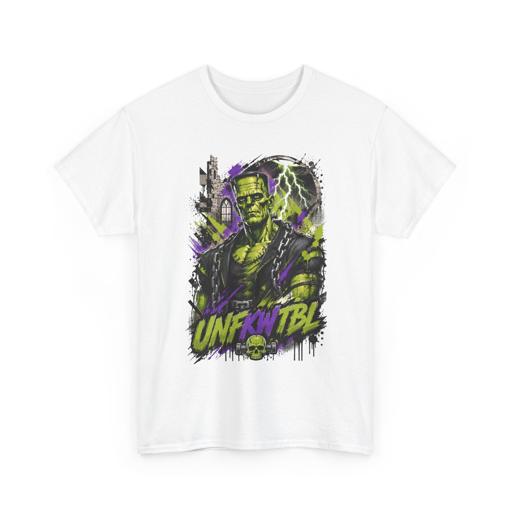 Frankenstein Monster Abstract Tee — "UNFKW TBL" Neon Horror Graphic Shirt