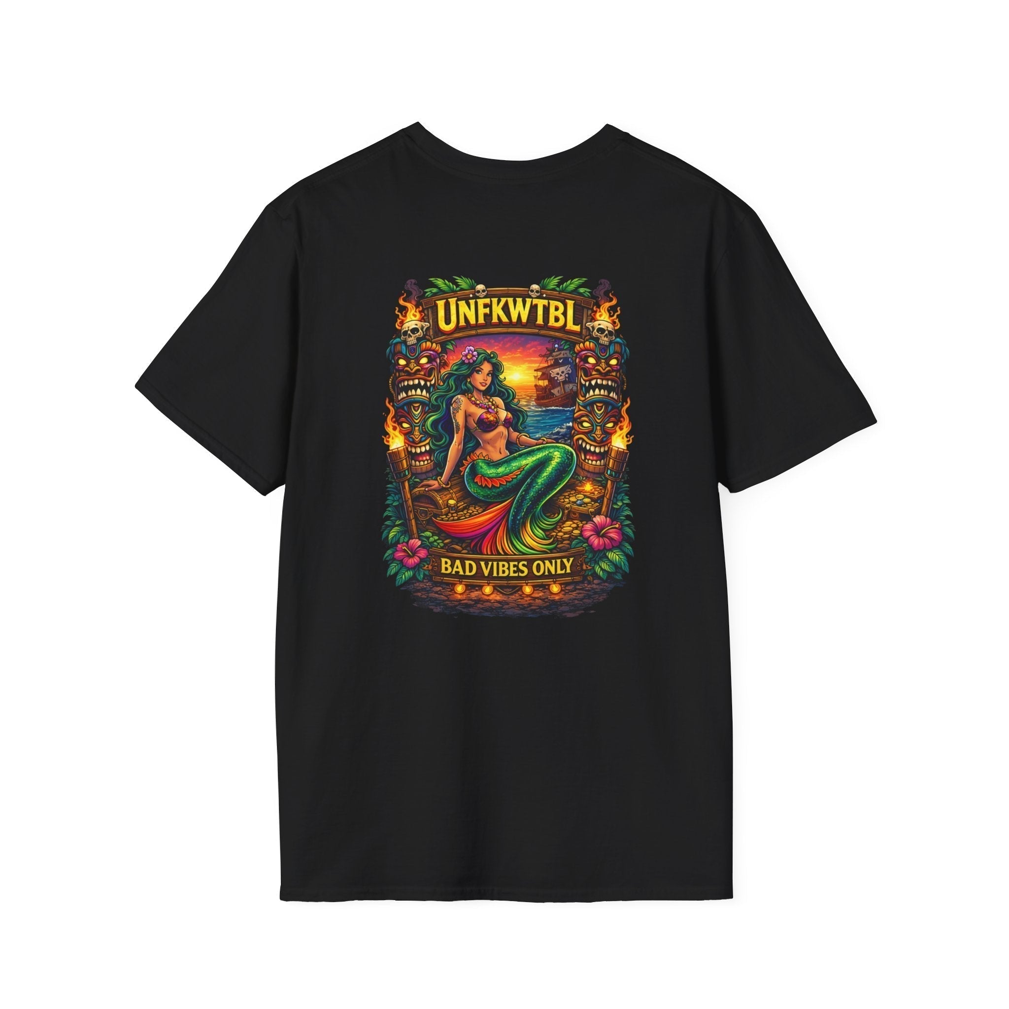 Bad Vibes Only Mermaid Sunset T-Shirt with retro island graphic and tropical sunset design