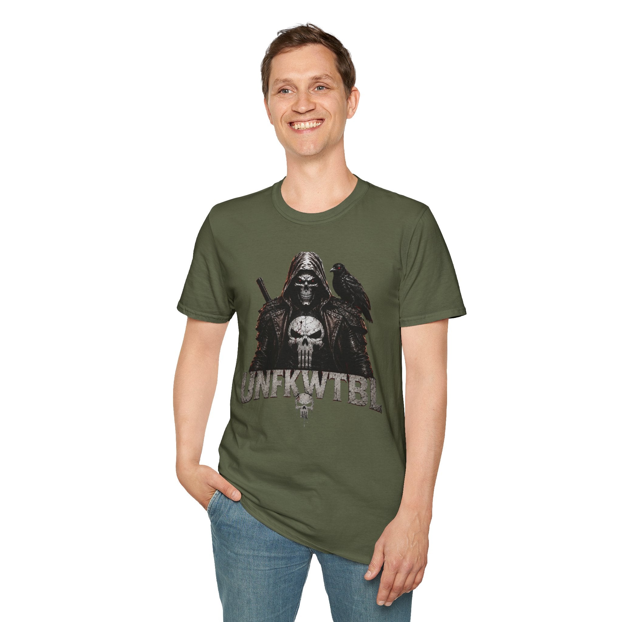 Grim Reaper Skull Tee — Dark Raven Gothic Graphic T-Shirt (UNFKWTBL Text)