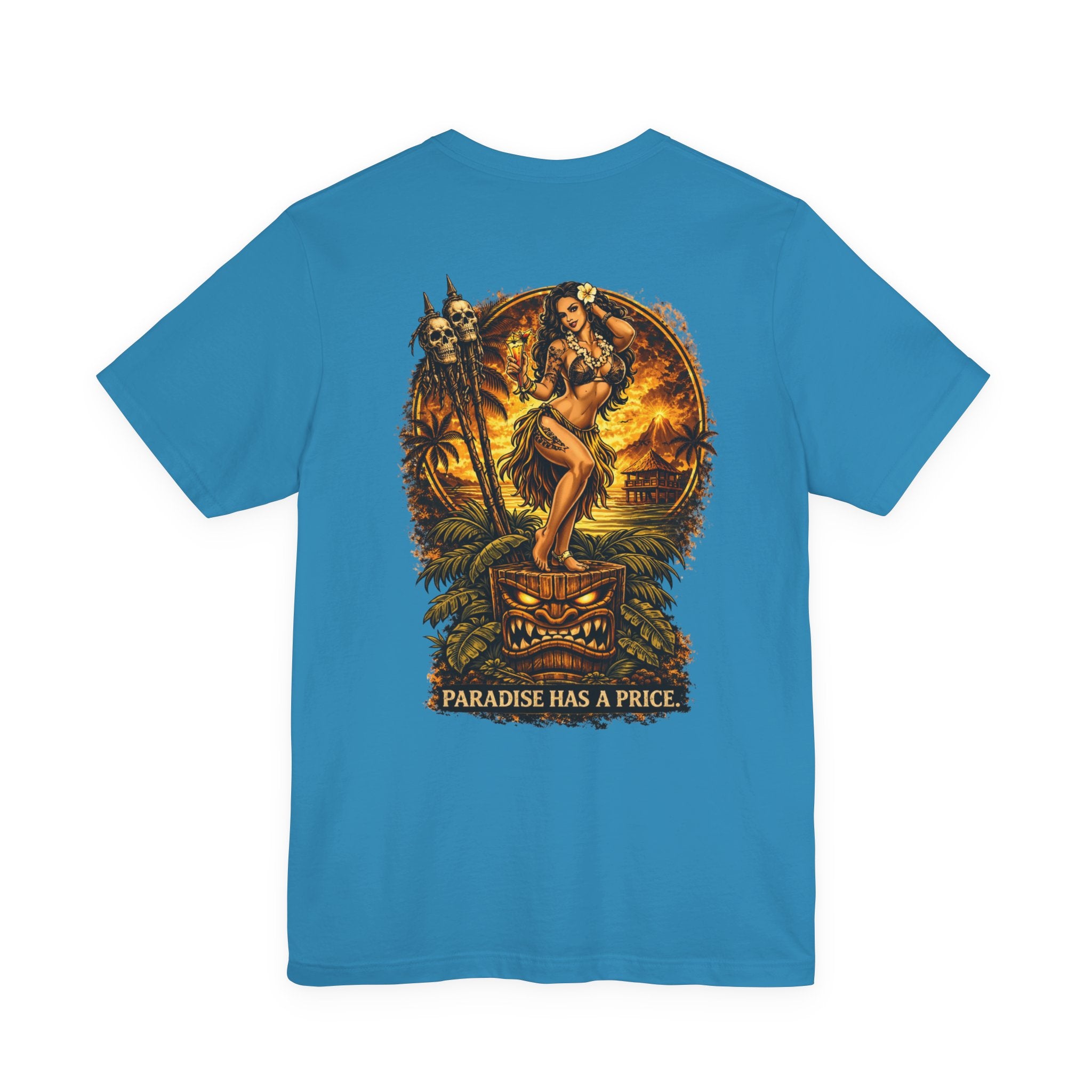 Paradise Has a Price T‑Shirt — Tropical Pinup Sunset Graphic Tee
