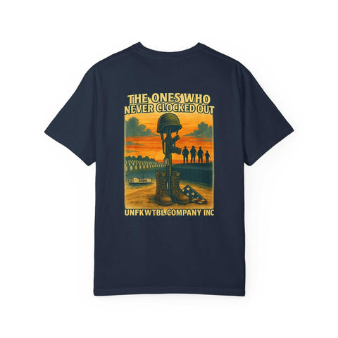 Unisex Tribute T-Shirt with memorial graphic and vintage style in navy blue
