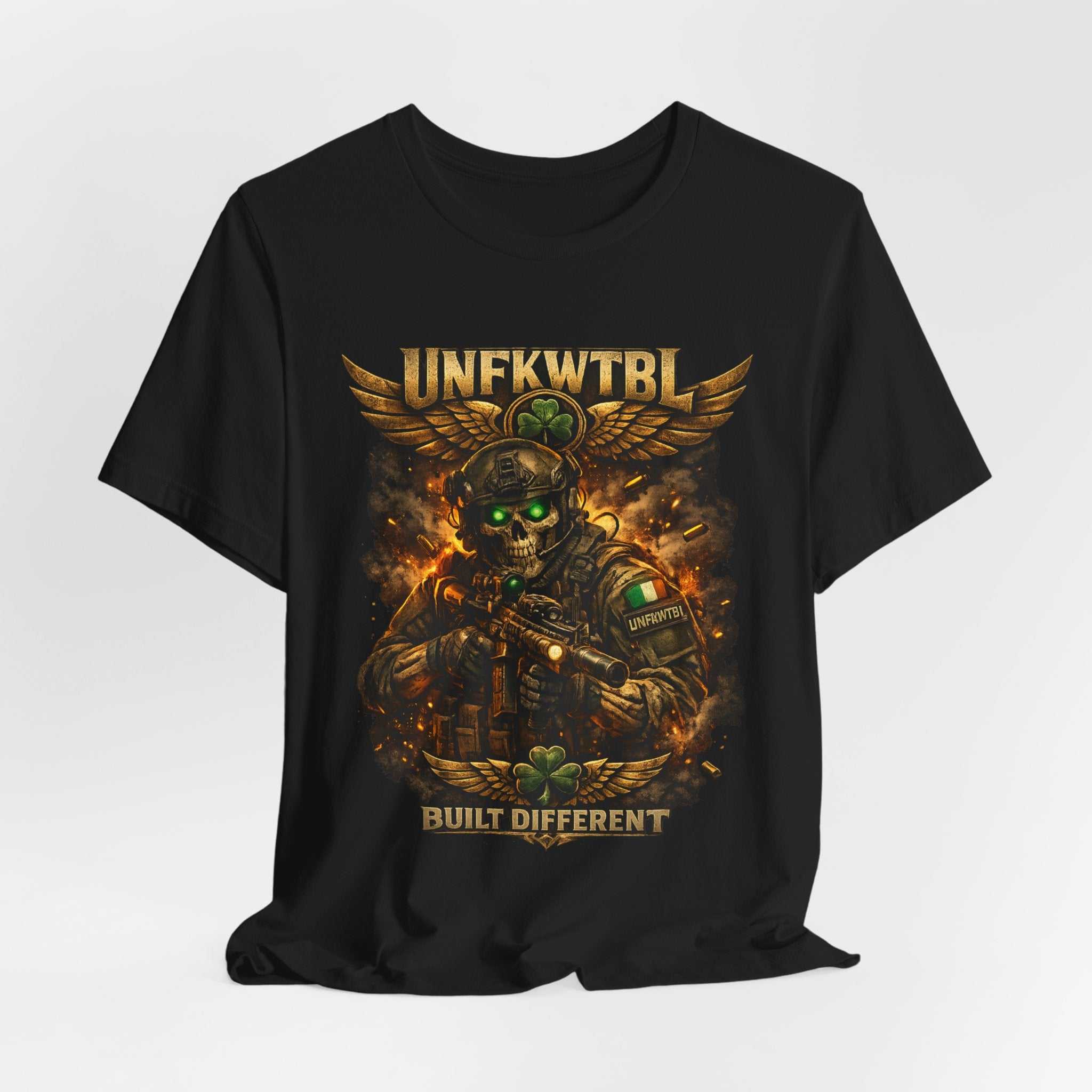 Built Different Military Skull Tee — "UNKFWTBL" Tactical Graphic T-Shirt