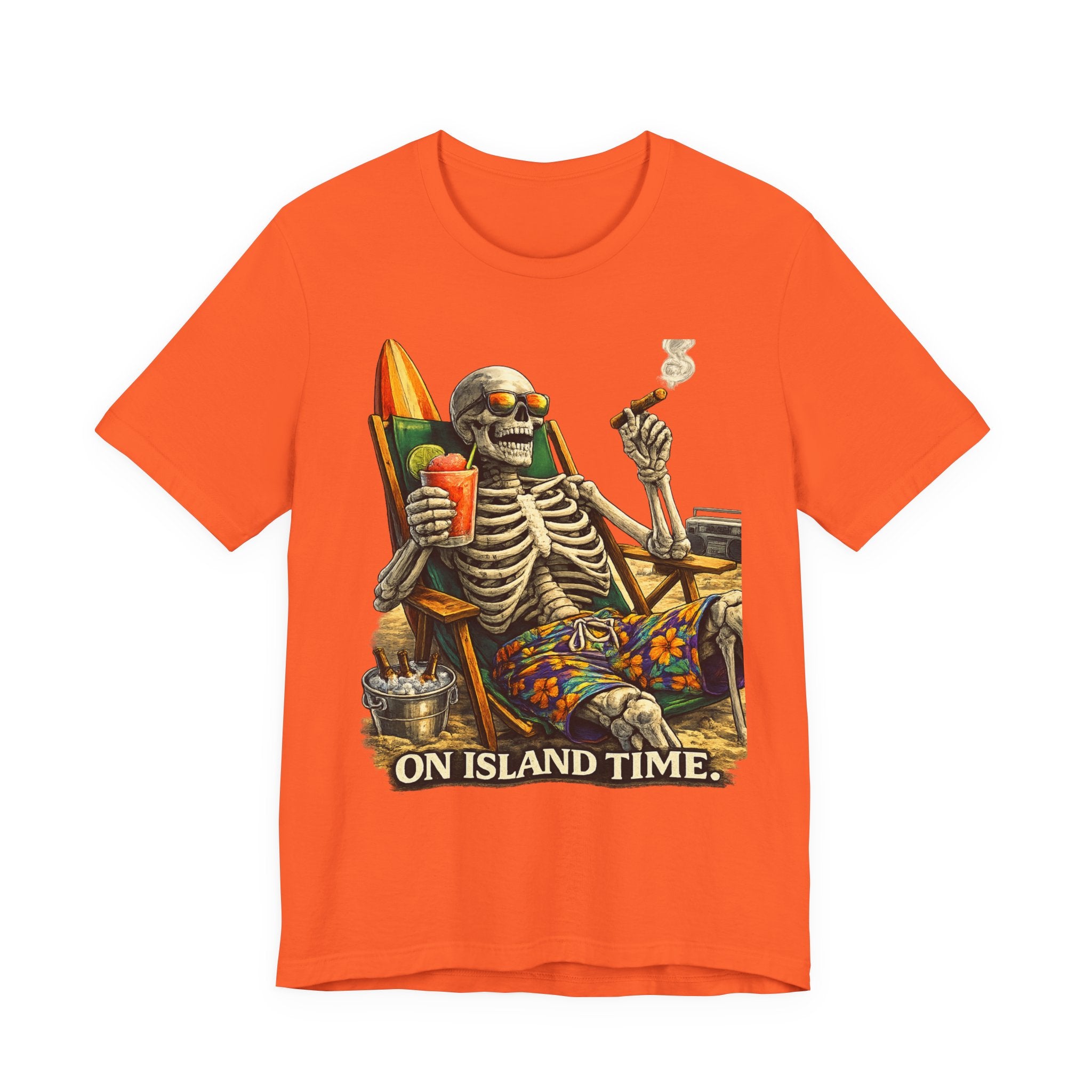 Skeleton Beach Tee — "On Island Time" Tropical Skull Vacation T-Shirt