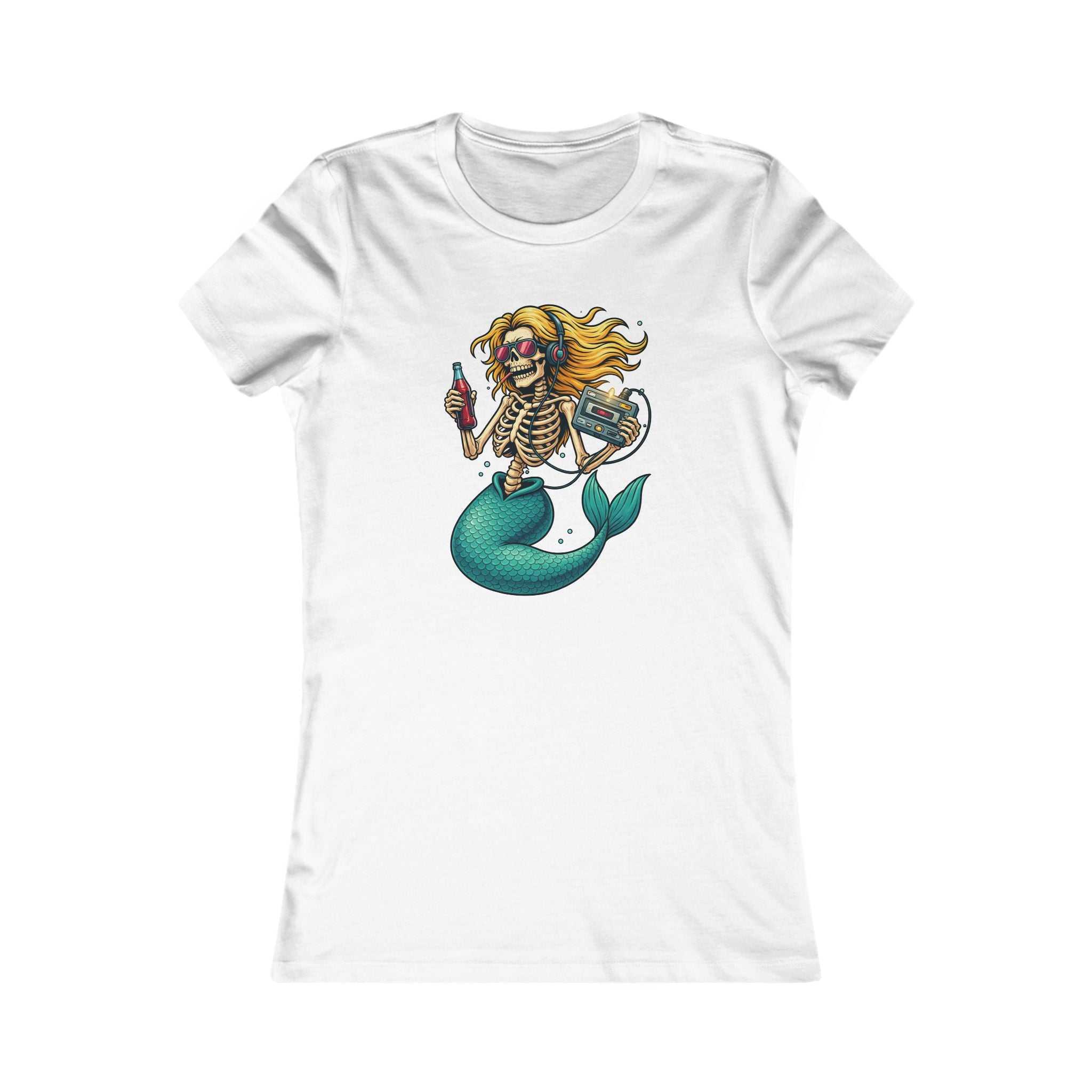 Women's Skeleton Mermaid Tee with retro gothic mermaid skeleton graphic on soft cotton shirt
