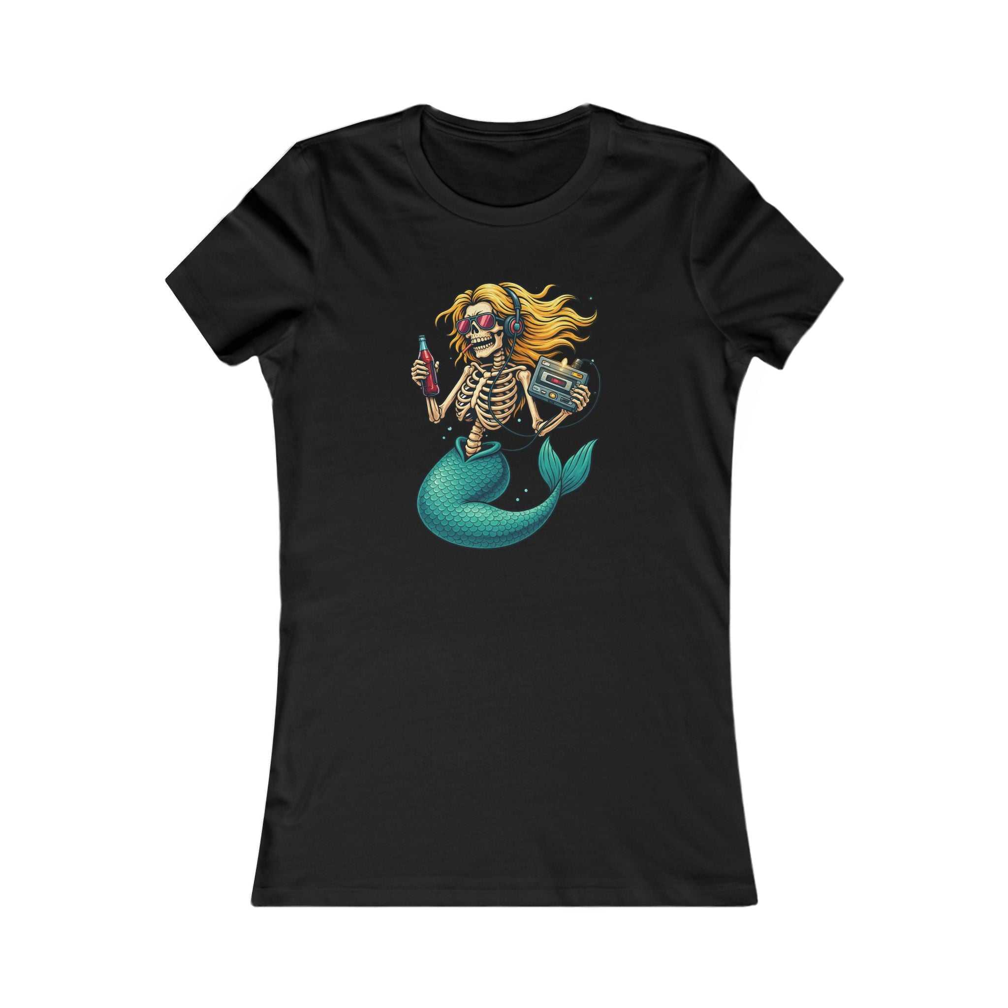 Skeleton Mermaid Tee with vintage gothic mermaid skeleton graphic on women's slim fit cotton shirt