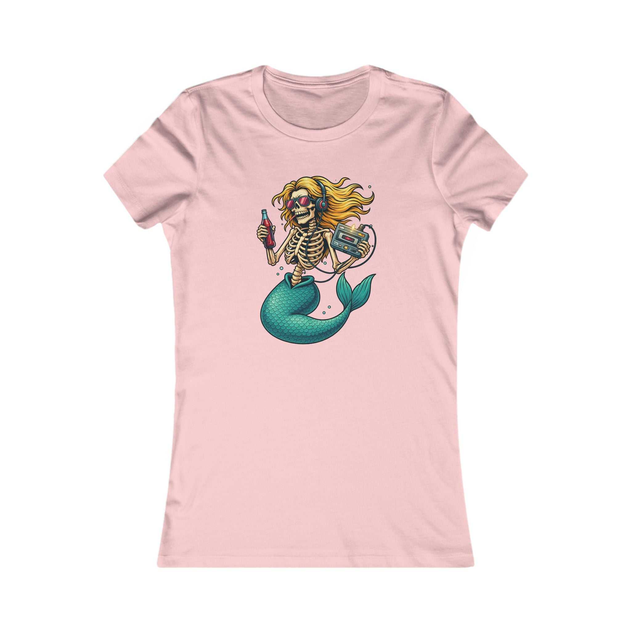 Woman wearing a retro gothic Skeleton Mermaid Tee with vintage mermaid skeleton print and turquoise tail.