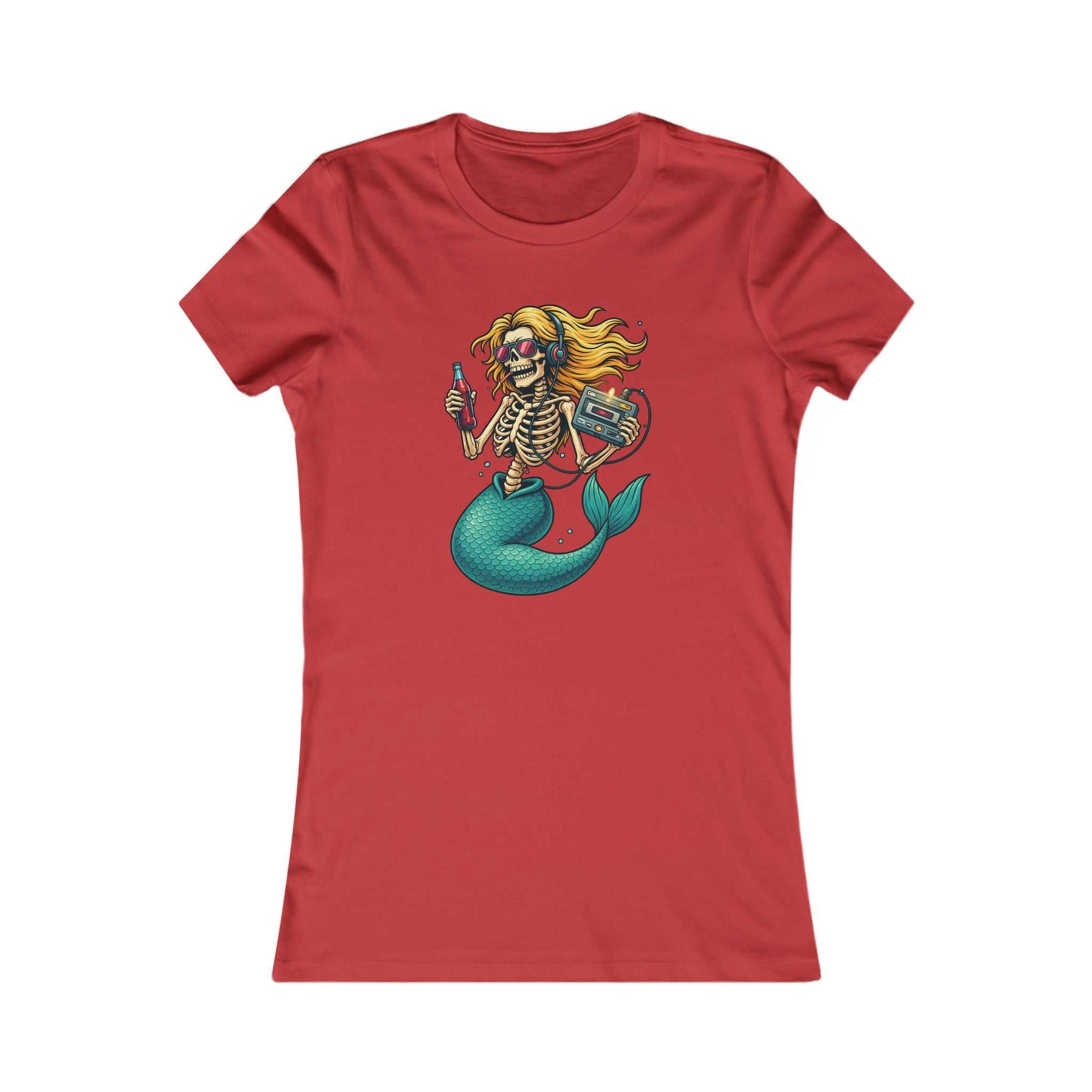 Women's Skeleton Mermaid Tee with gothic skeleton mermaid graphic and turquoise tail on soft cotton shirt