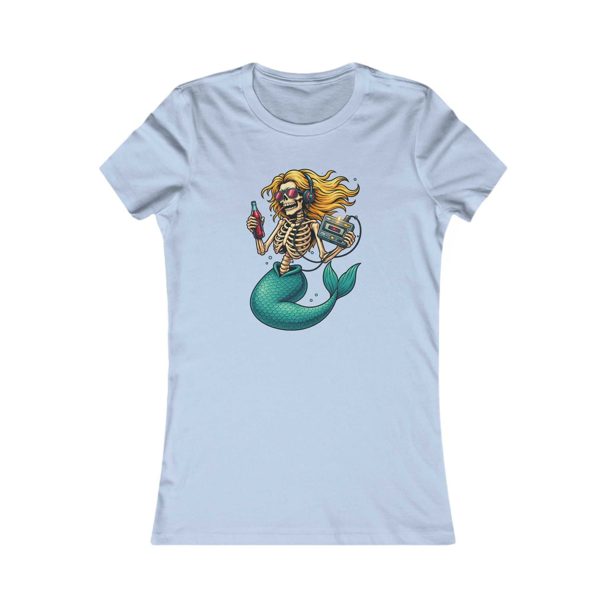 Women's Skeleton Mermaid Tee with retro gothic mermaid skeleton graphic and turquoise tail on soft cotton shirt