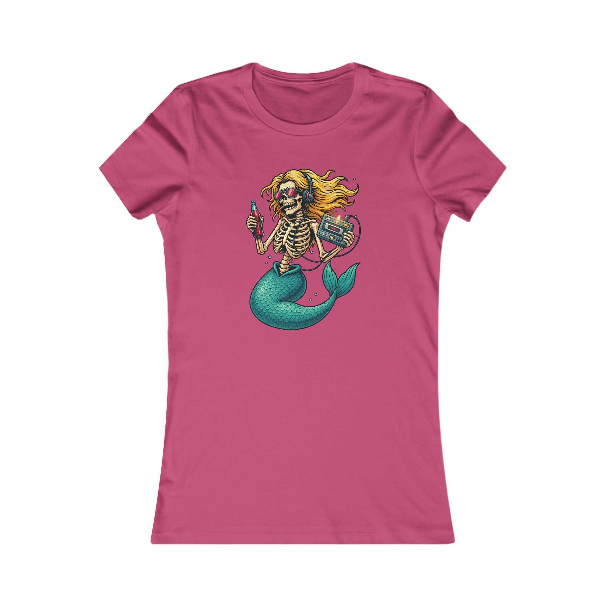 Women's Skeleton Mermaid Tee with retro gothic mermaid skeleton graphic and turquoise tail on soft cotton shirt