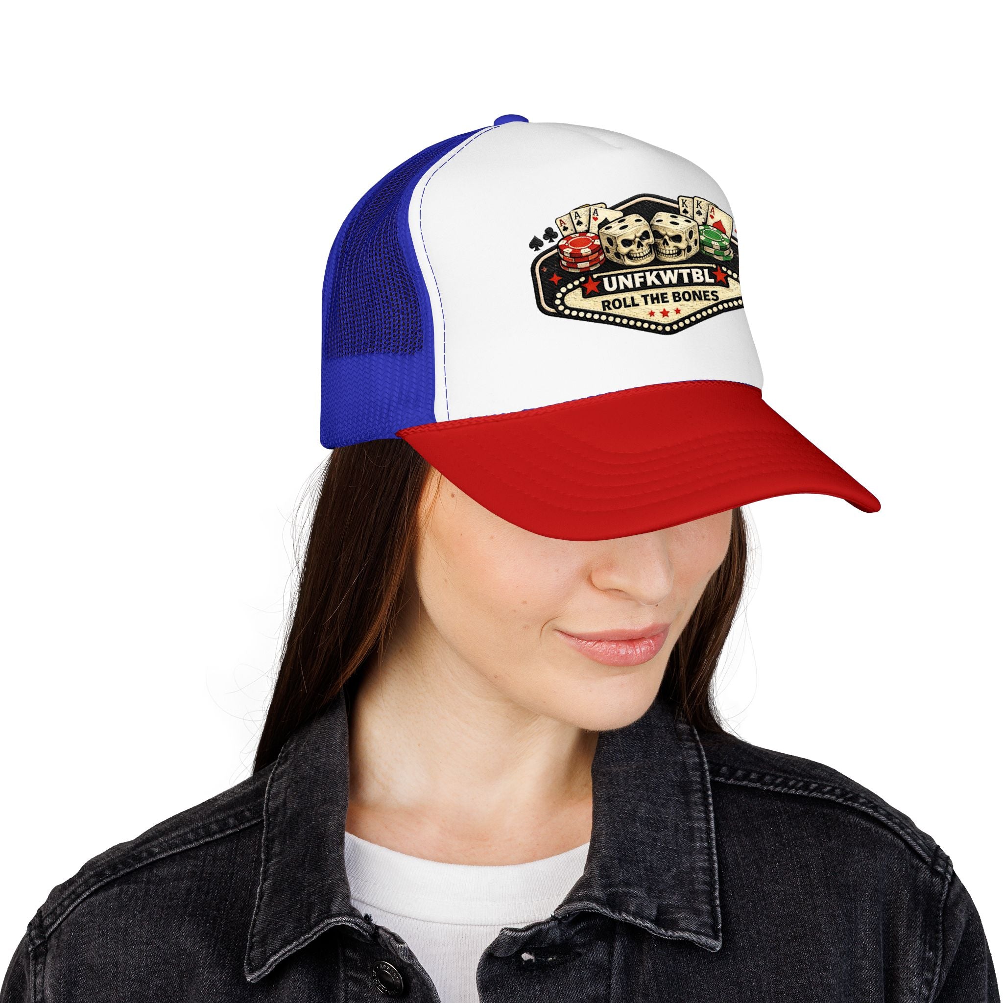 Roll the Bones Trucker Hat — Skull & Dice Poker Foam Cap