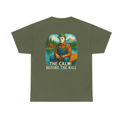 Olive green unisex t-shirt with Michael Myers graphic sitting by a lake and text "The Calm Before the Kill"