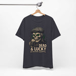 Dead & Lucky Skull Tee with grinning skull graphic and vintage flat cap design on lightweight cotton shirt