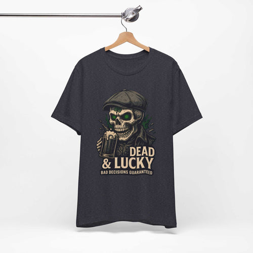 Dead & Lucky Skull Tee with grinning skull graphic and vintage flat cap design on lightweight cotton shirt