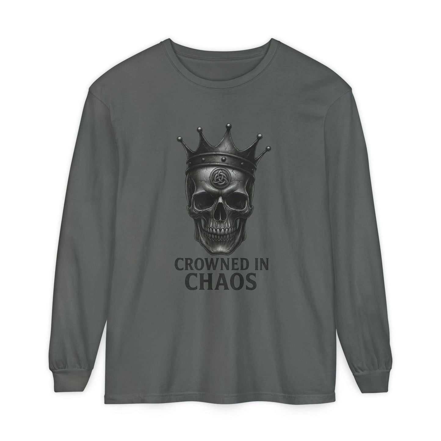 Long sleeve t-shirt with crowned skull graphic and "Crowned in Chaos" text in dark gray
