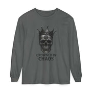 Long sleeve t-shirt with crowned skull graphic and "Crowned in Chaos" text in dark gray