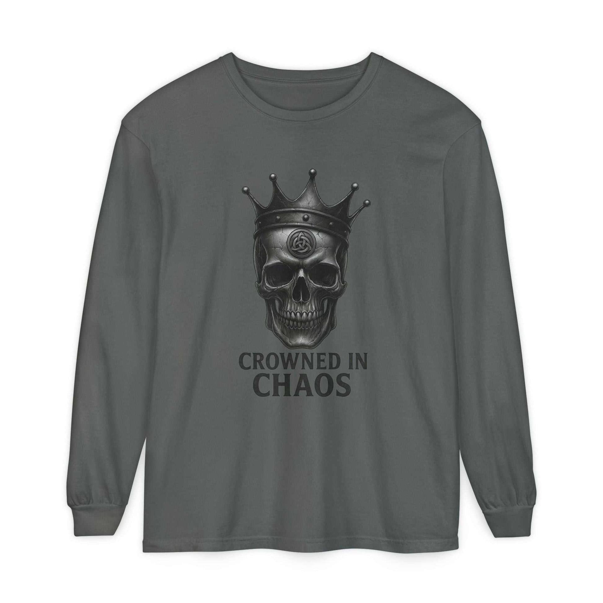 Long sleeve t-shirt with crowned skull graphic and "Crowned in Chaos" text in dark gray