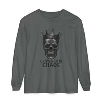 Long sleeve t-shirt with crowned skull graphic and "Crowned in Chaos" text in dark gray