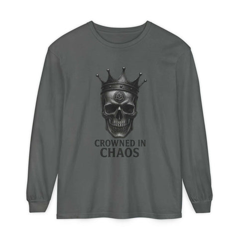 Long sleeve t-shirt with crowned skull graphic and "Crowned in Chaos" text in dark gray
