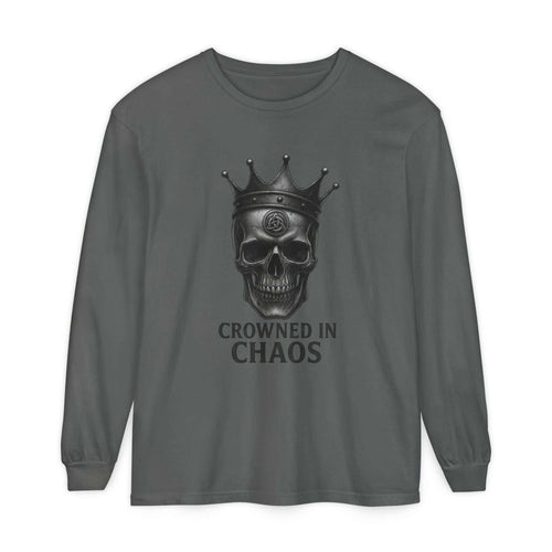 Long sleeve t-shirt with crowned skull graphic and "Crowned in Chaos" text in dark gray