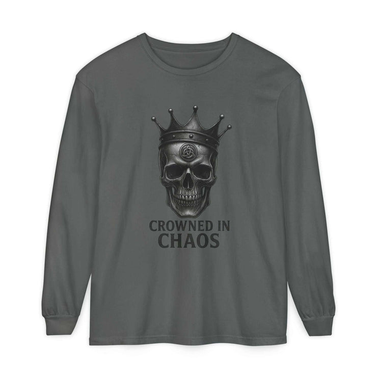 Long sleeve t-shirt with crowned skull graphic and "Crowned in Chaos" text in dark gray