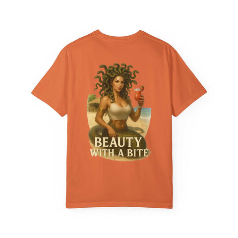 Medusa Beauty T-shirt with Medusa holding strawberry daiquiri and "Beauty with a Bite" text on orange fabric