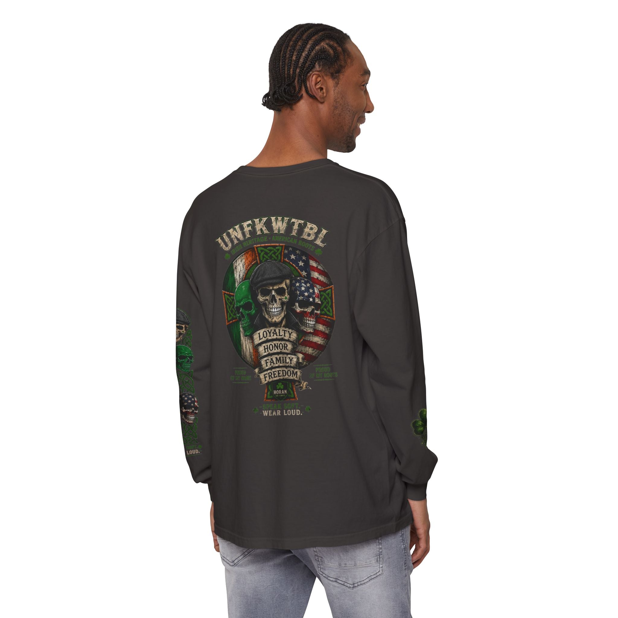 Skull & Flags Long Sleeve T-Shirt — Loyalty Honor Family Freedom