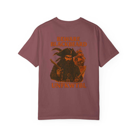 Blackbeard the Pirate graphic on garment-dyed rebel pirate t-shirt in maroon color