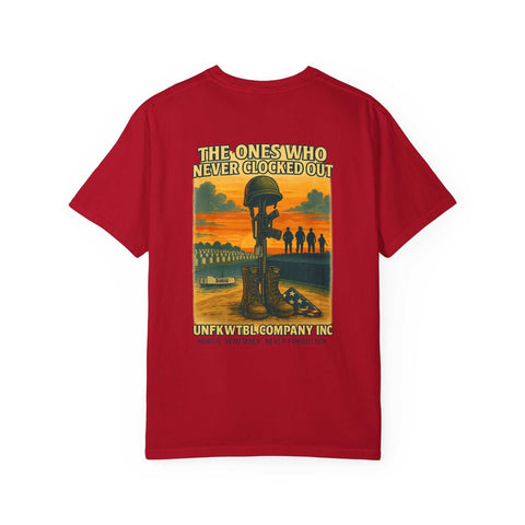 Unisex Tribute T-Shirt red vintage style memorial tee with soldier boots and helmet design