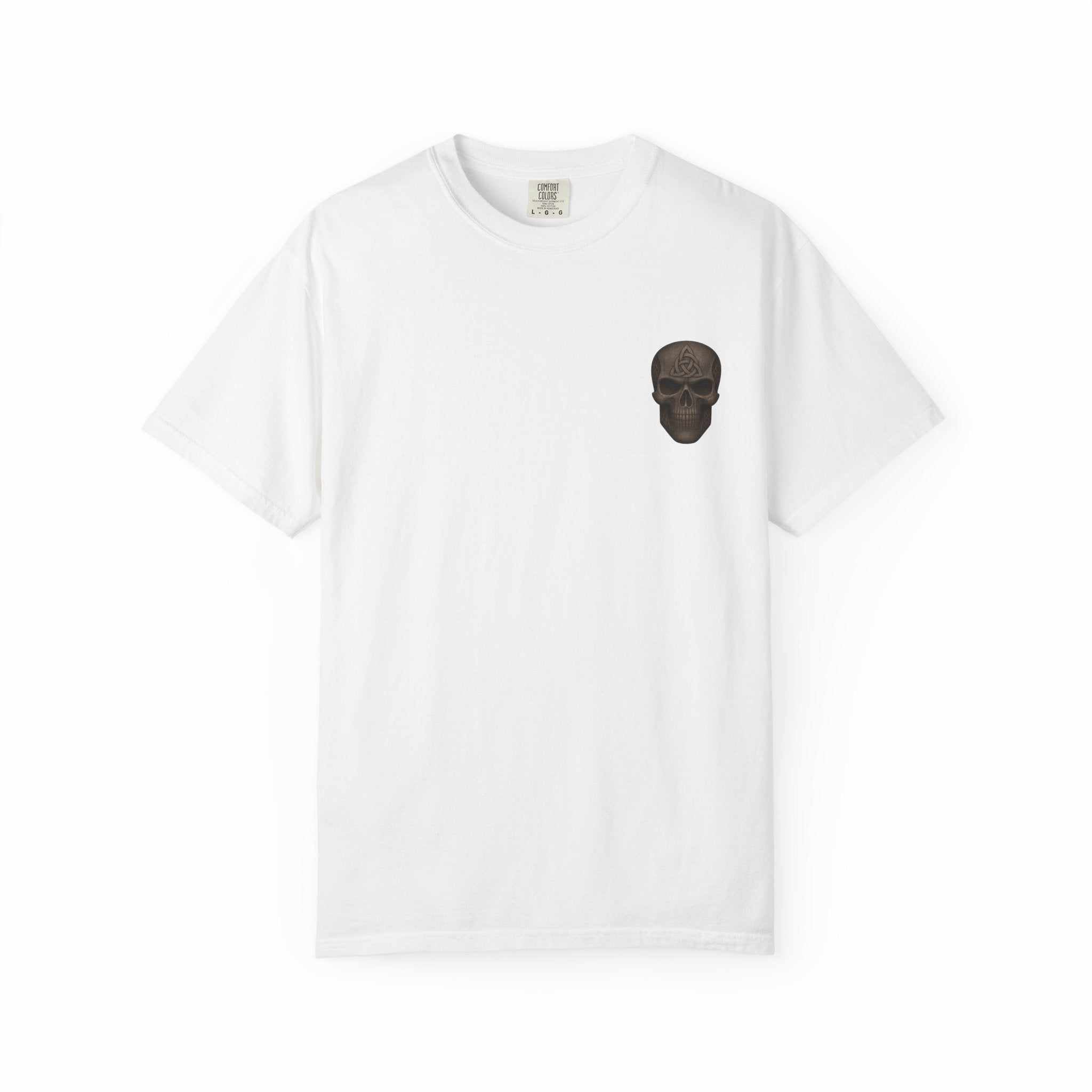 White unisex garment-dyed T-shirt with small black skull graphic on chest and soft cotton fabric