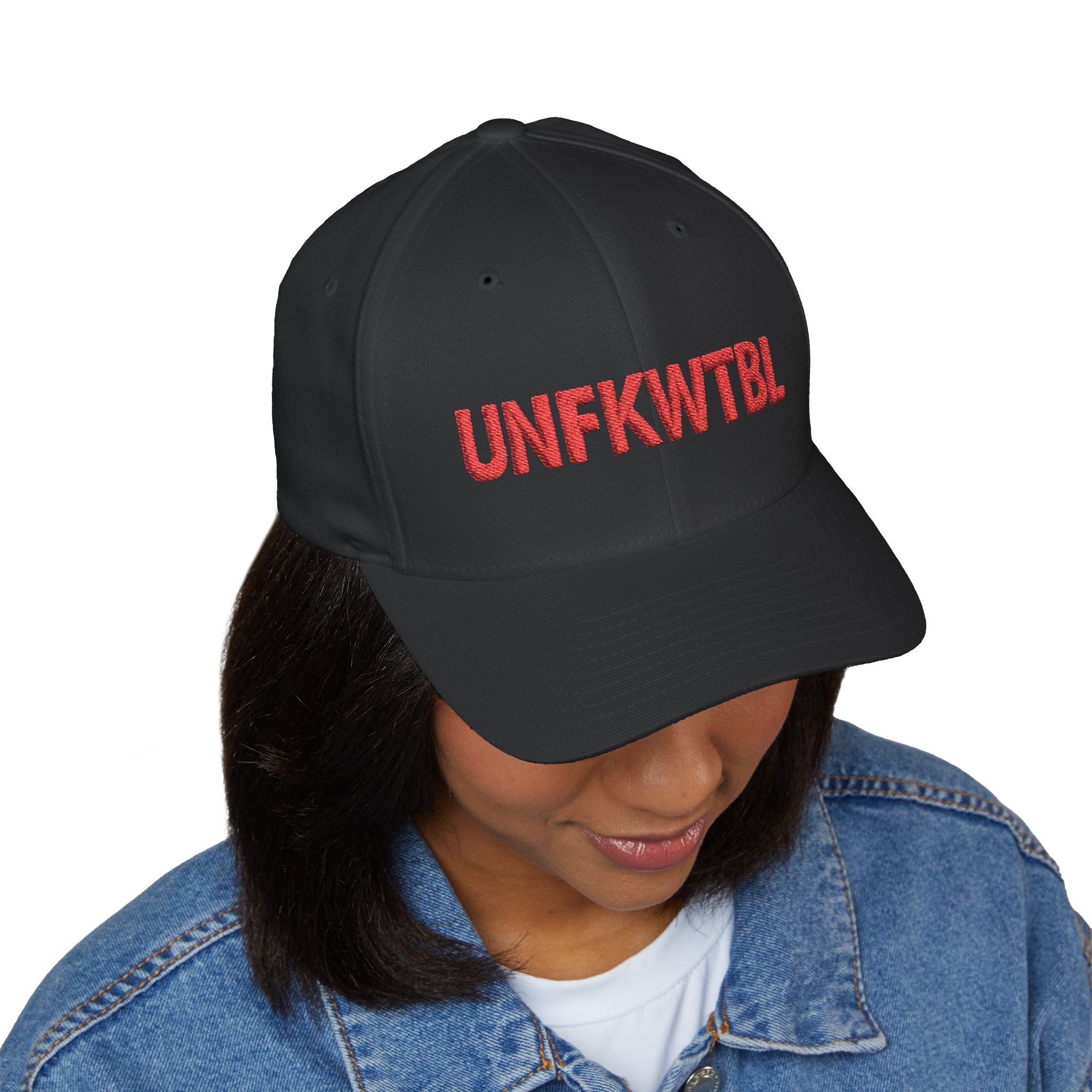 Embroidered UNFKWTBL Cap — Bold Red Lettering Baseball Hat