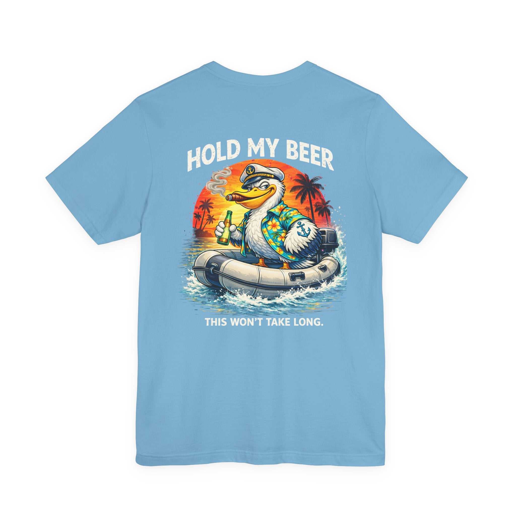 T-Shirt — Retro Pelican on Inflatable Tube Graphic Tee (Beach Vacation, Tropical Sunset)
