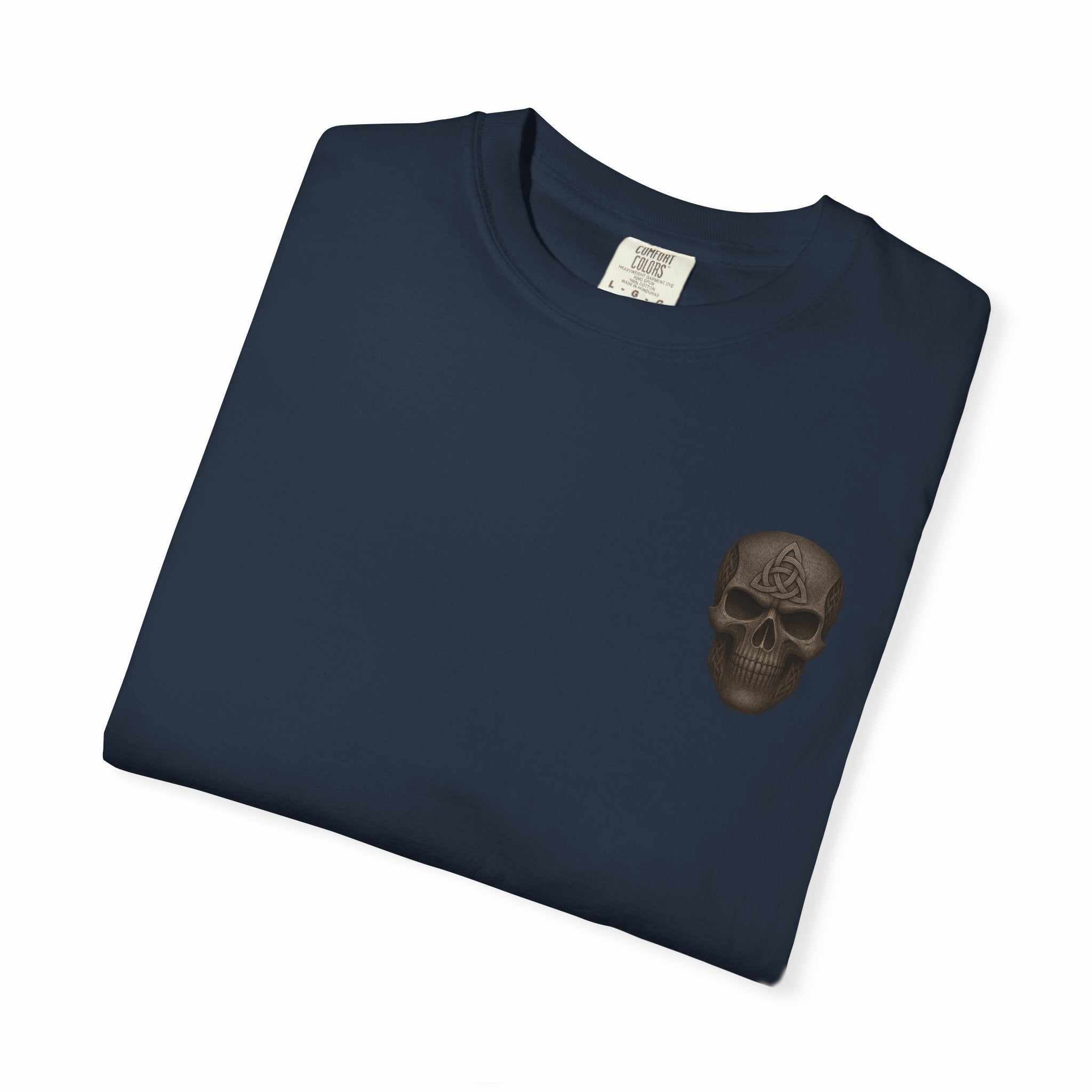 Unisex garment-dyed navy t-shirt with small skull and triquetra design on chest, made of 100% ring-spun cotton.