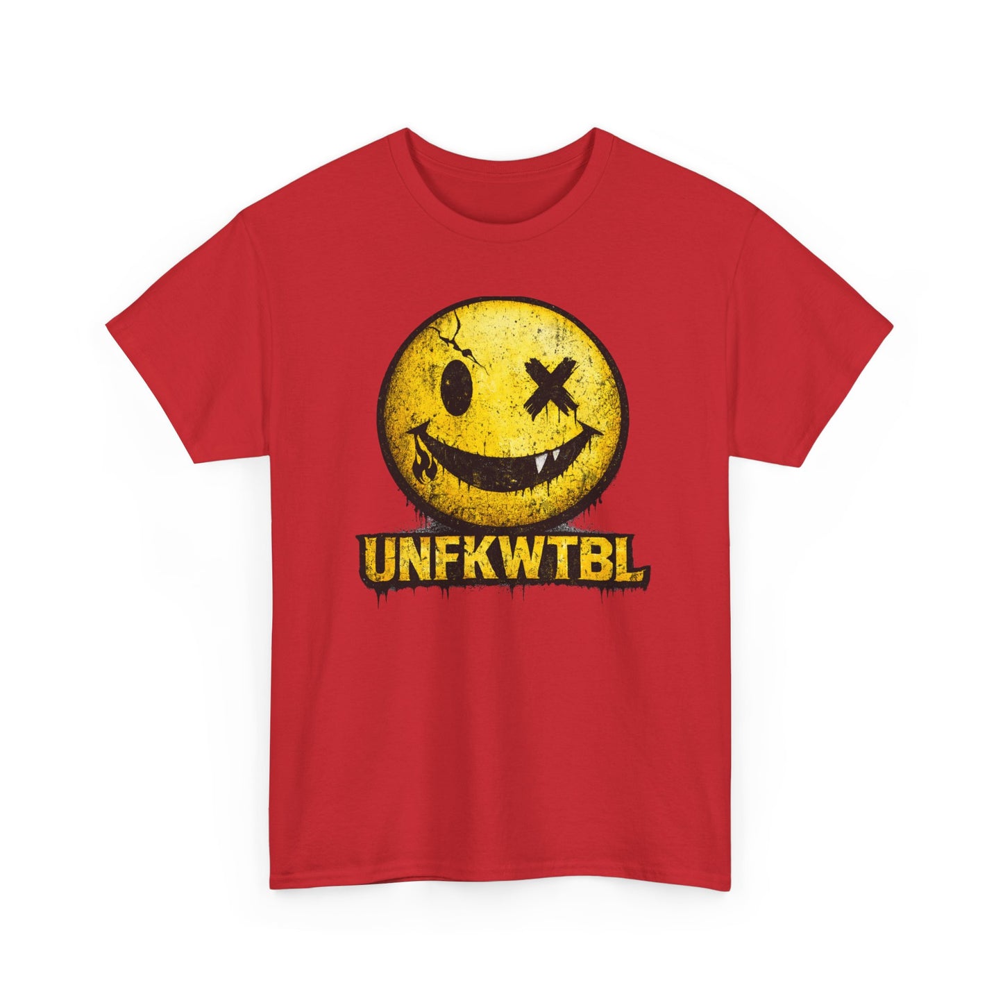 Graphic Tee — Distressed Yellow Smiley Face "UNFKWTBL" Streetwear T-Shirt